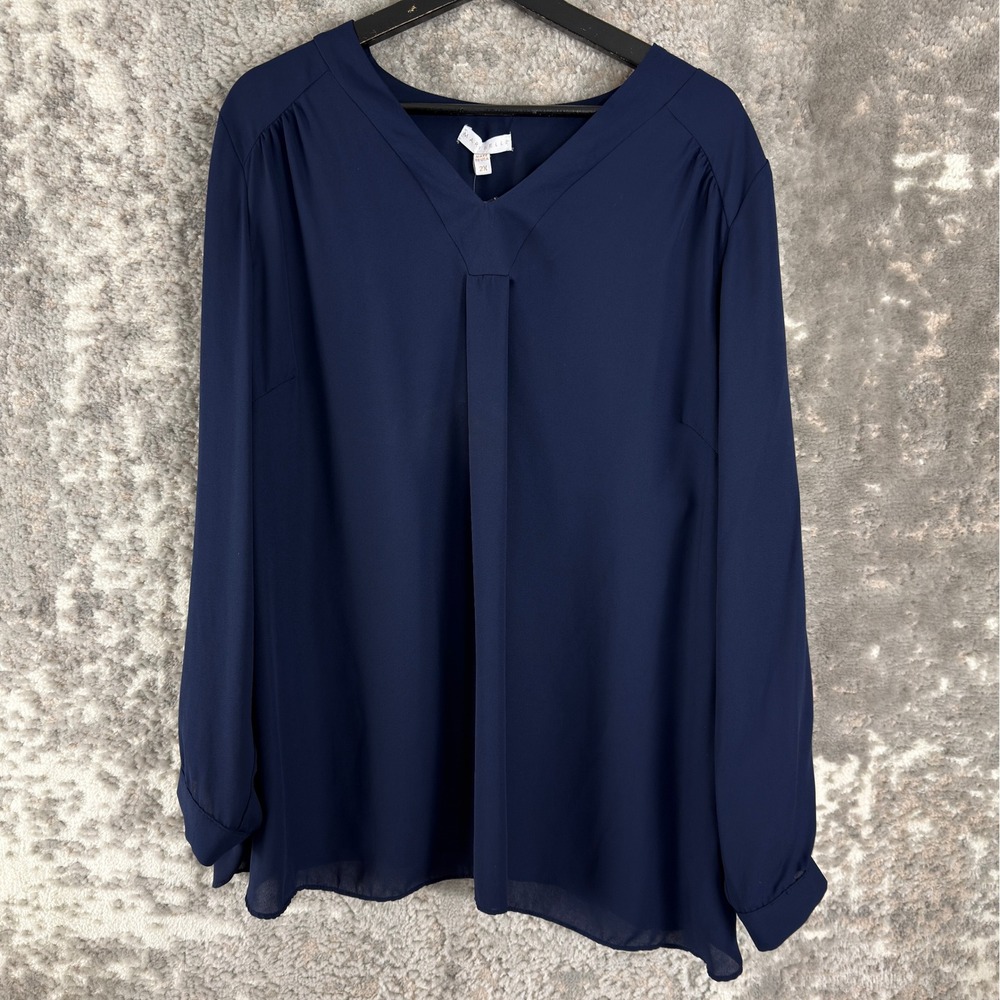 New Marybelle Size 2X Cambria V-Neck Pleated Blouse Navy Long Sleeve Women